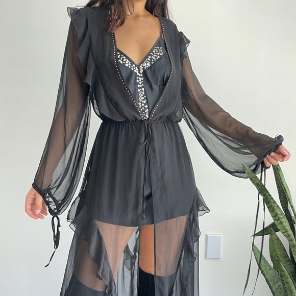 Vintage Other - Black sheer long robe ruffle waist tie